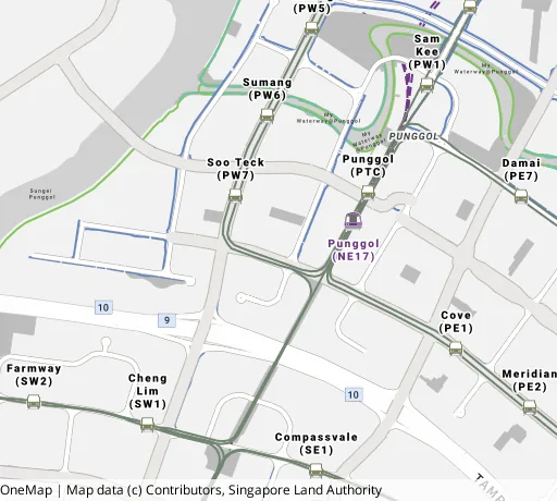 Map of the area around Blk 269A Punggol Field in Punggol, showing 400 m and 1 km rings and 5 primary schools within 1 km