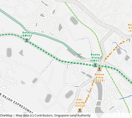 Map of the area around Blk 27 Ghim Moh Link in Queenstown, showing 400 m and 1 km rings and 2 primary schools within 1 km