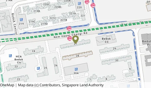 Location map of Blk 27 New Upp Changi Rd, a HDB resale block in Bedok, Singapore