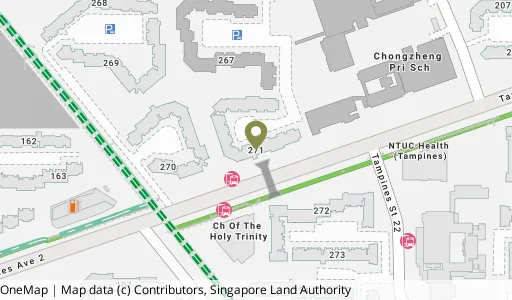 Location map of Blk 271 Tampines St 21, a HDB resale block in Tampines, Singapore