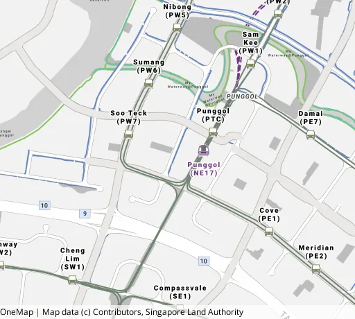 Map of the area around Blk 271A Punggol Walk in Punggol, showing 400 m and 1 km rings and 5 primary schools within 1 km