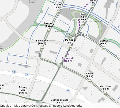 Map of the area around Blk 271B Punggol Walk in Punggol, showing 400 m and 1 km rings and 5 primary schools within 1 km