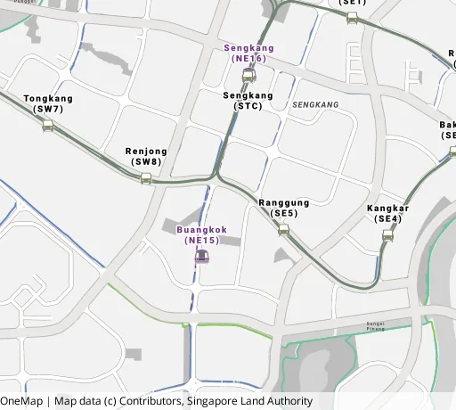 Map of the area around Blk 271B Sengkang Ctrl in Sengkang, showing 400 m and 1 km rings and 7 primary schools within 1 km
