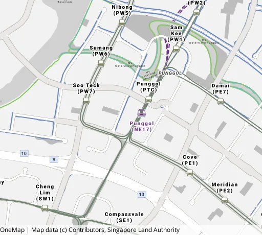 Map of the area around Blk 271C Punggol Walk in Punggol, showing 400 m and 1 km rings and 5 primary schools within 1 km