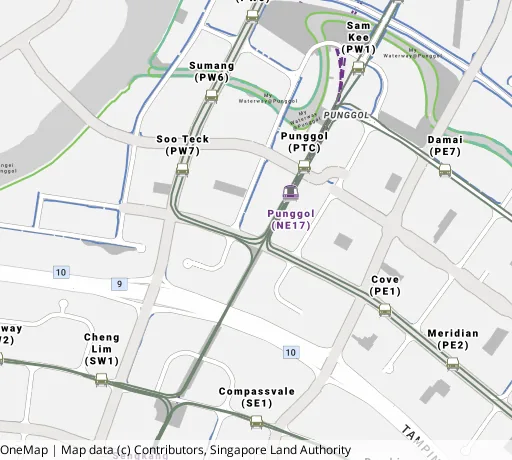 Map of the area around Blk 272D Punggol Walk in Punggol, showing 400 m and 1 km rings and 5 primary schools within 1 km