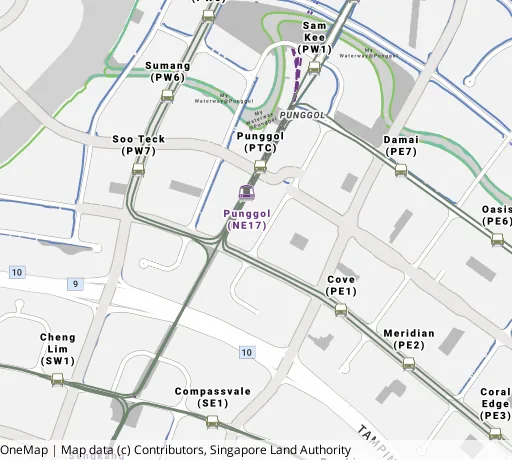 Map of the area around Blk 274A Punggol Pl in Punggol, showing 400 m and 1 km rings and 5 primary schools within 1 km