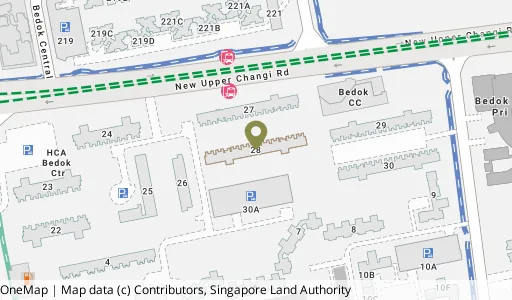 Location map of Blk 28 New Upp Changi Rd, a HDB resale block in Bedok, Singapore