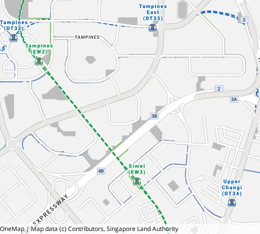 Map of the area around Blk 283 Tampines St 22 in Tampines, showing 400 m and 1 km rings and 4 primary schools within 1 km