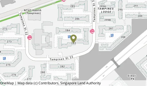 Location map of Blk 283 Tampines St 22, a HDB resale block in Tampines, Singapore