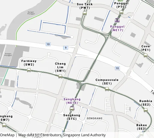 Map of the area around Blk 286A Compassvale Cres in Sengkang, showing 400 m and 1 km rings and 5 primary schools within 1 km