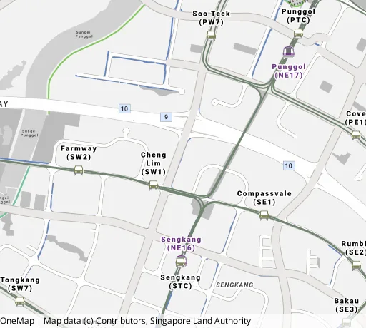 Map of the area around Blk 286B Compassvale Cres in Sengkang, showing 400 m and 1 km rings and 4 primary schools within 1 km