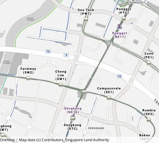 Map of the area around Blk 286C Compassvale Cres in Sengkang, showing 400 m and 1 km rings and 4 primary schools within 1 km