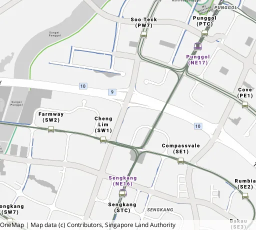 Map of the area around Blk 287A Compassvale Cres in Sengkang, showing 400 m and 1 km rings and 5 primary schools within 1 km