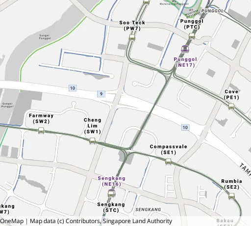 Map of the area around Blk 287C Compassvale Cres in Sengkang, showing 400 m and 1 km rings and 5 primary schools within 1 km