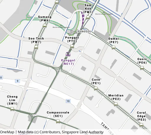 Map of the area around Blk 288A Punggol Pl in Punggol, showing 400 m and 1 km rings and 5 primary schools within 1 km