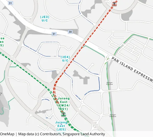 Map of the area around Blk 288D Jurong East St 21 in Jurong East, showing 400 m and 1 km rings and 2 primary schools within 1 km