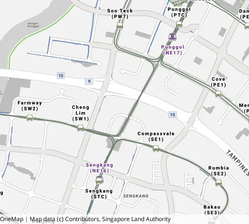 Map of the area around Blk 289A Compassvale Cres in Sengkang, showing 400 m and 1 km rings and 6 primary schools within 1 km