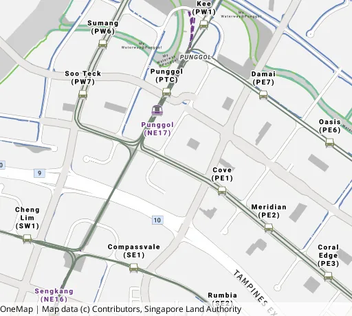 Map of the area around Blk 289B Punggol Pl in Punggol, showing 400 m and 1 km rings and 8 primary schools within 1 km