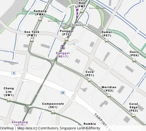 Map of the area around Blk 289C Punggol Pl in Punggol, showing 400 m and 1 km rings and 7 primary schools within 1 km