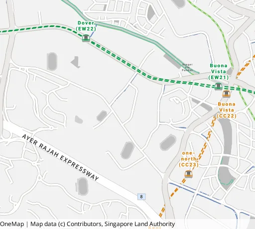 Map of the area around Blk 28A Dover Cres in Queenstown, showing 400 m and 1 km rings and 1 primary school within 1 km