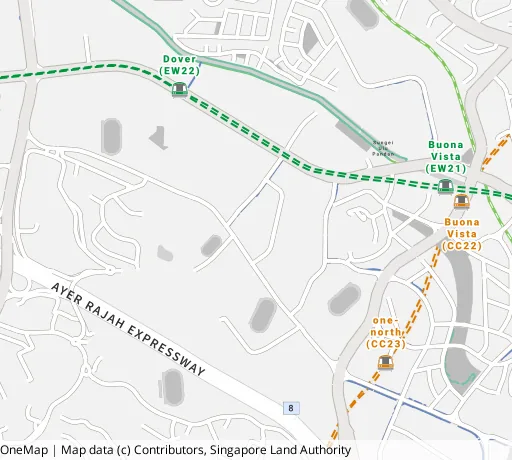 Map of the area around Blk 28B Dover Cres in Queenstown, showing 400 m and 1 km rings and 1 primary school within 1 km