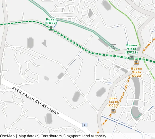 Map of the area around Blk 28C Dover Cres in Queenstown, showing 400 m and 1 km rings and 1 primary school within 1 km