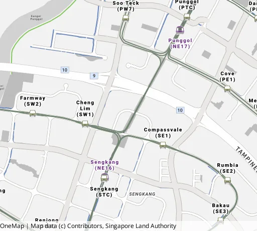 Map of the area around Blk 290C Compassvale Cres in Sengkang, showing 400 m and 1 km rings and 6 primary schools within 1 km