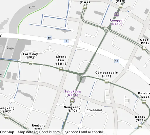 Map of the area around Blk 293A Compassvale Cres in Sengkang, showing 400 m and 1 km rings and 5 primary schools within 1 km