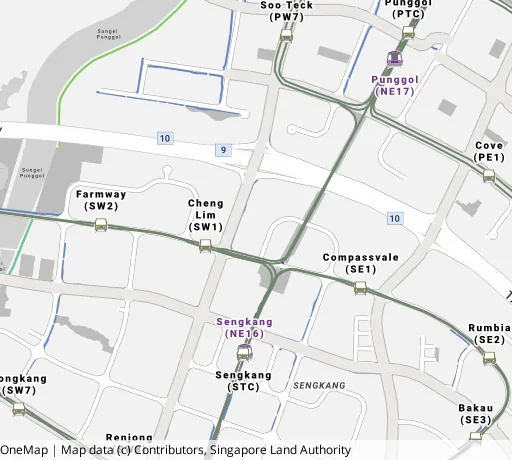 Map of the area around Blk 293B Compassvale Cres in Sengkang, showing 400 m and 1 km rings and 5 primary schools within 1 km