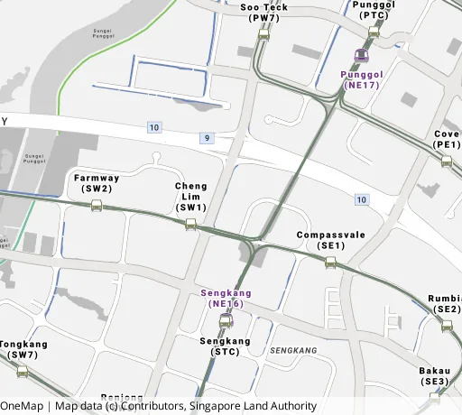 Map of the area around Blk 293C Compassvale Cres in Sengkang, showing 400 m and 1 km rings and 5 primary schools within 1 km