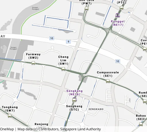 Map of the area around Blk 293D Compassvale Cres in Sengkang, showing 400 m and 1 km rings and 5 primary schools within 1 km