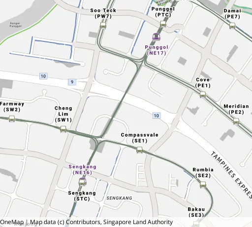 Map of the area around Blk 296B Compassvale Cres in Sengkang, showing 400 m and 1 km rings and 5 primary schools within 1 km