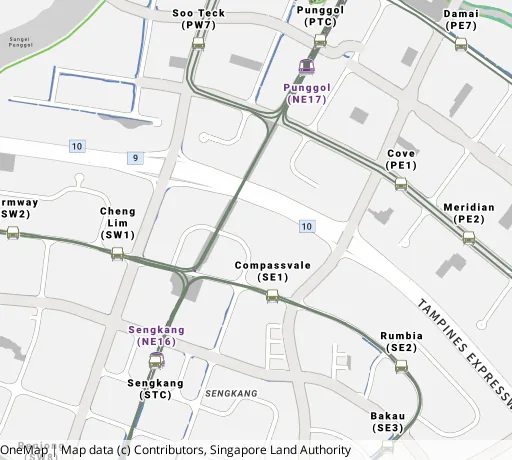Map of the area around Blk 296C Compassvale Cres in Sengkang, showing 400 m and 1 km rings and 5 primary schools within 1 km