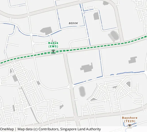 Map of the area around Blk 3 Bedok Sth Ave 1 in Bedok, showing 400 m and 1 km rings and 2 primary schools within 1 km