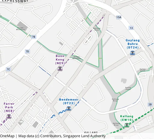 Map of the area around Blk 30 Bendemeer Rd in Kallang/Whampoa, showing 400 m and 1 km rings and 2 primary schools within 1 km