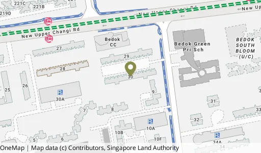 Location map of Blk 30 New Upp Changi Rd, a HDB resale block in Bedok, Singapore