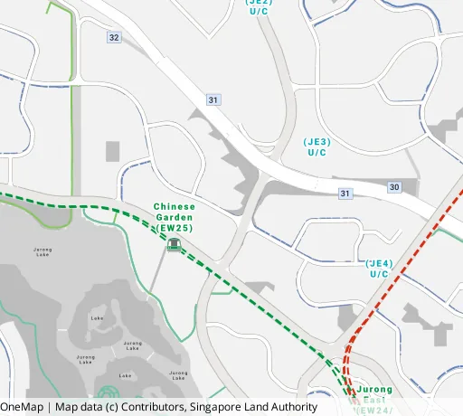 Map of the area around Blk 301 Jurong East St 32 in Jurong East, showing 400 m and 1 km rings and 4 primary schools within 1 km