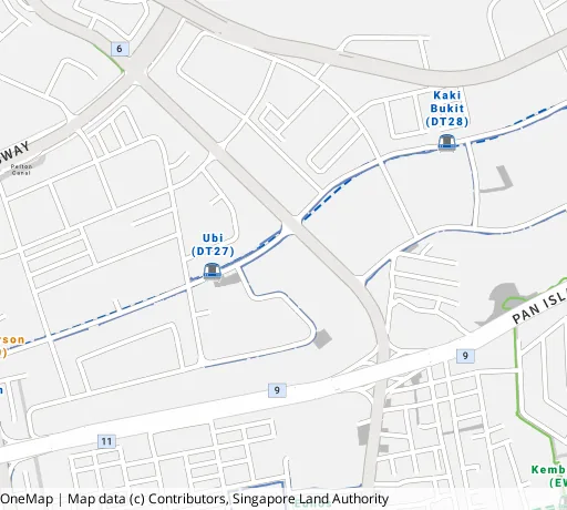 Map of the area around Blk 301 Ubi Ave 1 in Geylang, showing 400 m and 1 km rings and 2 primary schools within 1 km