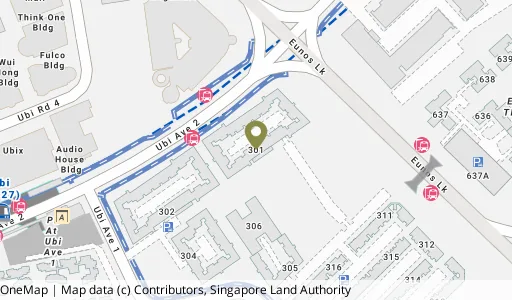 Location map of Blk 301 Ubi Ave 1, a HDB resale block in Geylang, Singapore