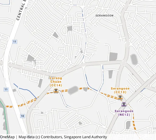 Map of the area around Blk 307 Serangoon Ave 2 in Serangoon, showing 400 m and 1 km rings and 4 primary schools within 1 km