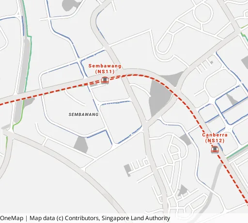 Map of the area around Blk 308 Canberra Rd in Sembawang, showing 400 m and 1 km rings and 4 primary schools within 1 km