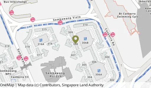 Location map of Blk 308 Canberra Rd, a HDB resale block in Sembawang, Singapore