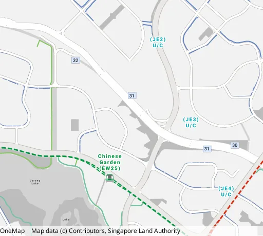 Map of the area around Blk 308 Jurong East St 32 in Jurong East, showing 400 m and 1 km rings and 4 primary schools within 1 km