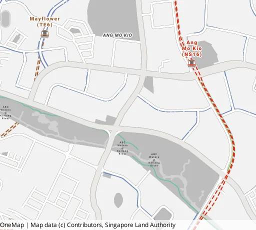 Map of the area around Blk 308A Ang Mo Kio Ave 1 in Ang Mo Kio, showing 400 m and 1 km rings and 2 primary schools within 1 km