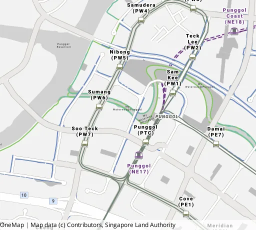 Map of the area around Blk 308A Punggol Walk in Punggol, showing 400 m and 1 km rings and 4 primary schools within 1 km