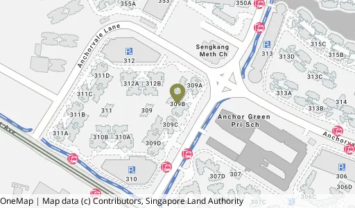 Location map of Blk 309B Anchorvale Rd, a HDB resale block in Sengkang, Singapore