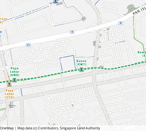 Map of the area around Blk 31 Eunos Cres in Geylang, showing 400 m and 1 km rings and 2 primary schools within 1 km