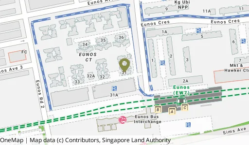 Location map of Blk 31 Eunos Cres, a HDB resale block in Geylang, Singapore