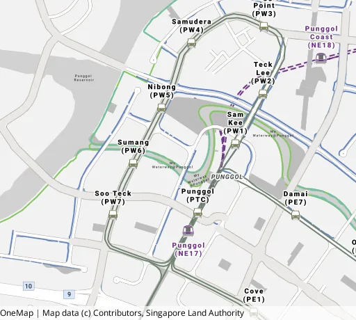 Map of the area around Blk 310A Punggol Walk in Punggol, showing 400 m and 1 km rings and 4 primary schools within 1 km