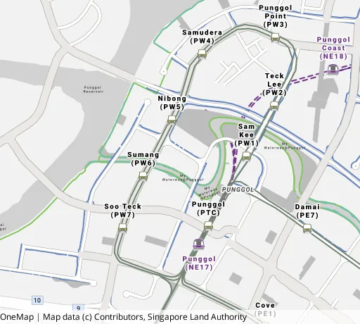 Map of the area around Blk 310B Punggol Walk in Punggol, showing 400 m and 1 km rings and 4 primary schools within 1 km